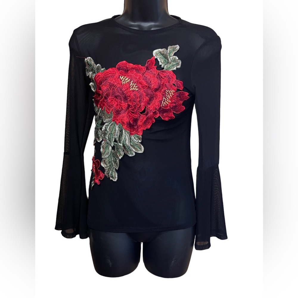 Sheer blouse with huge floral appliqué on front